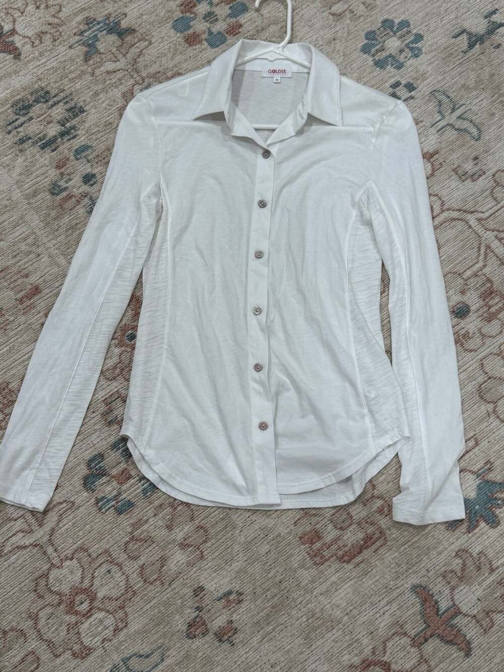 Pima Cotton Button Front Collared Stretch Knit Top Career Office XS